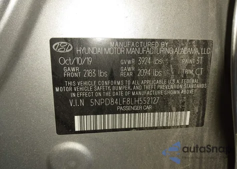 2020 Hyundai Elantra Sel z USA, uszkodzony, nr VIN 5NPD84LF8LH552127